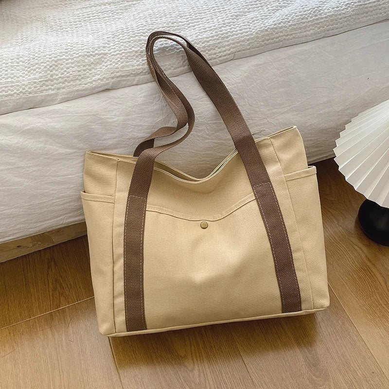 Canvas Women's Shoulder Bag Large Capacity Multiple Outer Pocket Zipper Tote Bag Student Handbag Shopping - RELUX.STORE