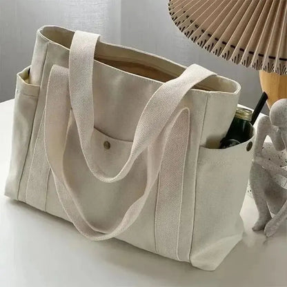 Canvas Women's Shoulder Bag Large Capacity Multiple Outer Pocket Zipper Tote Bag Student Handbag Shopping - RELUX.STORE
