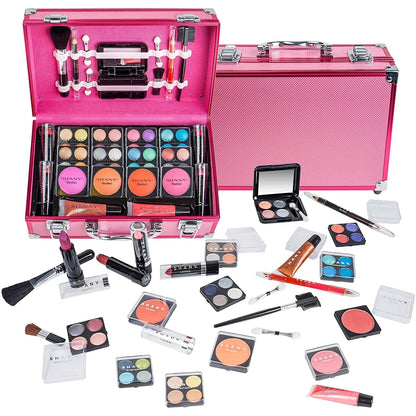 Carry All Make up Train Case with Pro Makeup Set, Beauty Brushes, Lipsticks, Eye Shadows, Blushes, Powders, and More - Reusable Cosmetics Storage Organizer - Premium Gift Packaging - Pink - RELUX.STORE