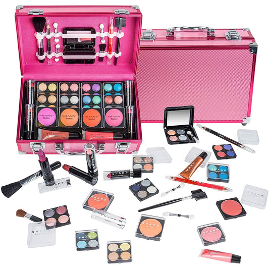 Carry All Make up Train Case with Pro Makeup Set, Beauty Brushes, Lipsticks, Eye Shadows, Blushes, Powders, and More - Reusable Cosmetics Storage Organizer - Premium Gift Packaging - Pink - RELUX.STORE