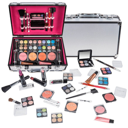 Carry All Make up Train Case with Pro Makeup Set, Beauty Brushes, Lipsticks, Eye Shadows, Blushes, Powders, and More - Reusable Cosmetics Storage Organizer - Premium Gift Packaging - Pink - RELUX.STORE