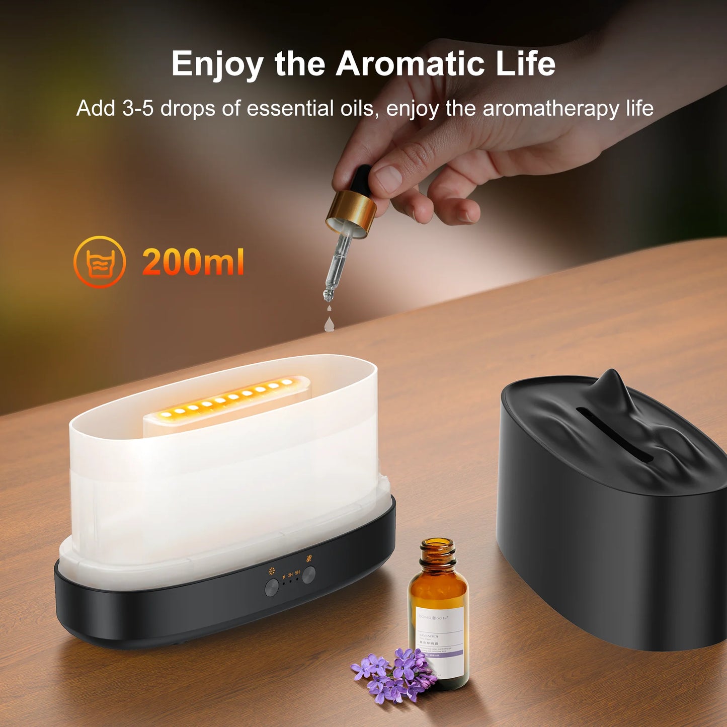 Essential Oil Diffuser & Humidifier – 200ml Flame Aroma Diffuser with 7 Color LED Lights & Timer | Aromatherapy Diffuser for Home, Bedroom & Office (Black)