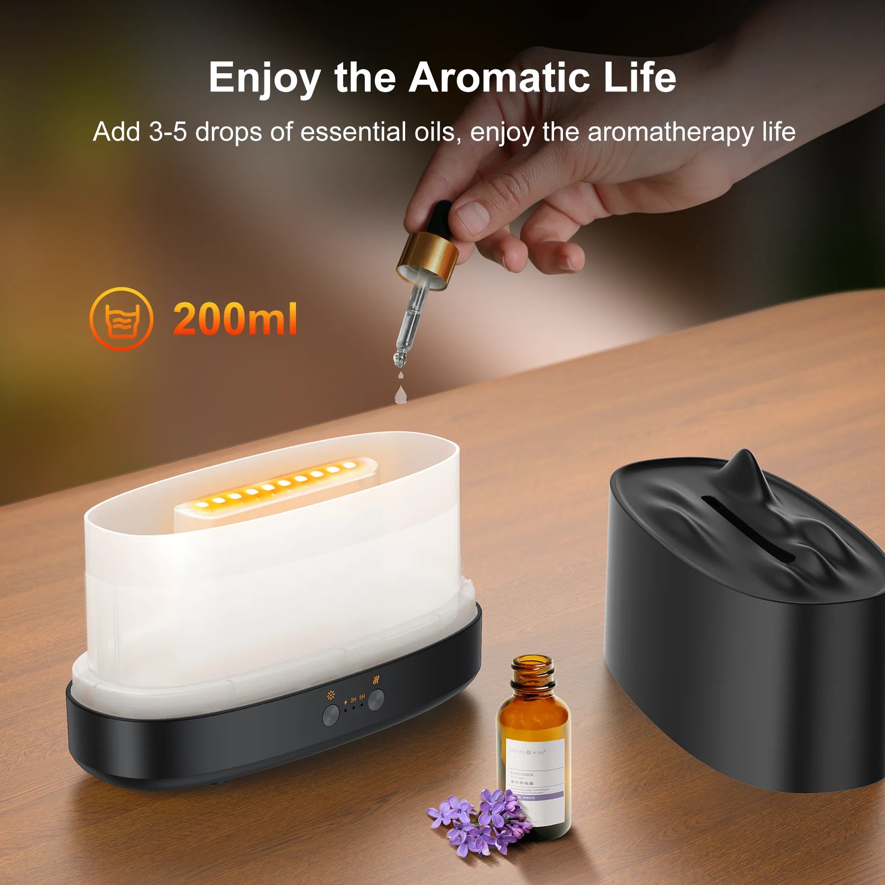 Essential Oil Diffuser & Humidifier – 200ml Flame Aroma Diffuser with 7 Color LED Lights & Timer | Aromatherapy Diffuser for Home, Bedroom & Office (Black)
