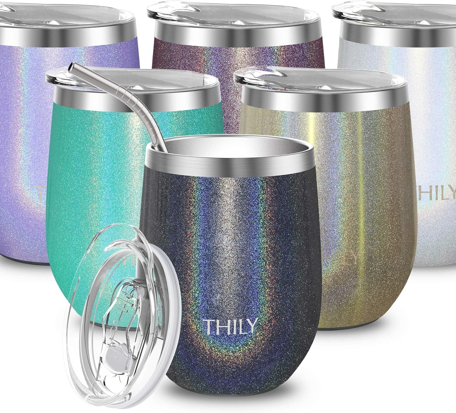 12Oz Insulated Stainless Steel Wine Tumbler with Sliding Lid & Straw - Stemless Travel Cup for Coffee, Cocktails, Beer - Cold Drinks - Glitter White