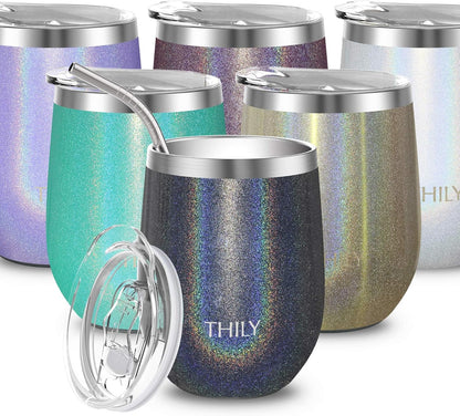 12Oz Insulated Stainless Steel Wine Tumbler with Sliding Lid & Straw - Stemless Travel Cup for Coffee, Cocktails, Beer - Cold Drinks - Glitter White