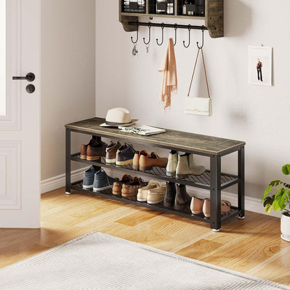 Shoe Bench, 3-Tier Shoe Rack, 28.7” Storage Entry Bench with Mesh Shelves Wood Seat, Rustic Foyer Bench for Hallway Front Door, Doorway, Living Room, Mudroom, Steel Frame, Gray