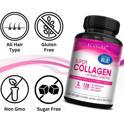 Collagen + Vitamin C plus Biotin, Anti - Aging Support, Antioxidant, Brightener, Skin, Hair & Nails Supplement, 120 Capsules - RELUX.STORE
