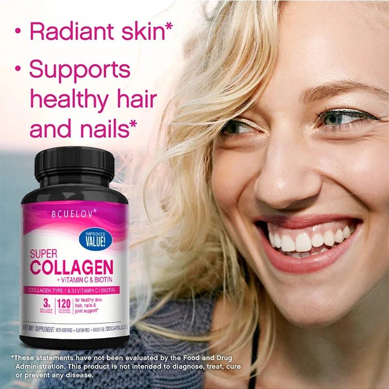 Collagen + Vitamin C plus Biotin, Anti - Aging Support, Antioxidant, Brightener, Skin, Hair & Nails Supplement, 120 Capsules - RELUX.STORE