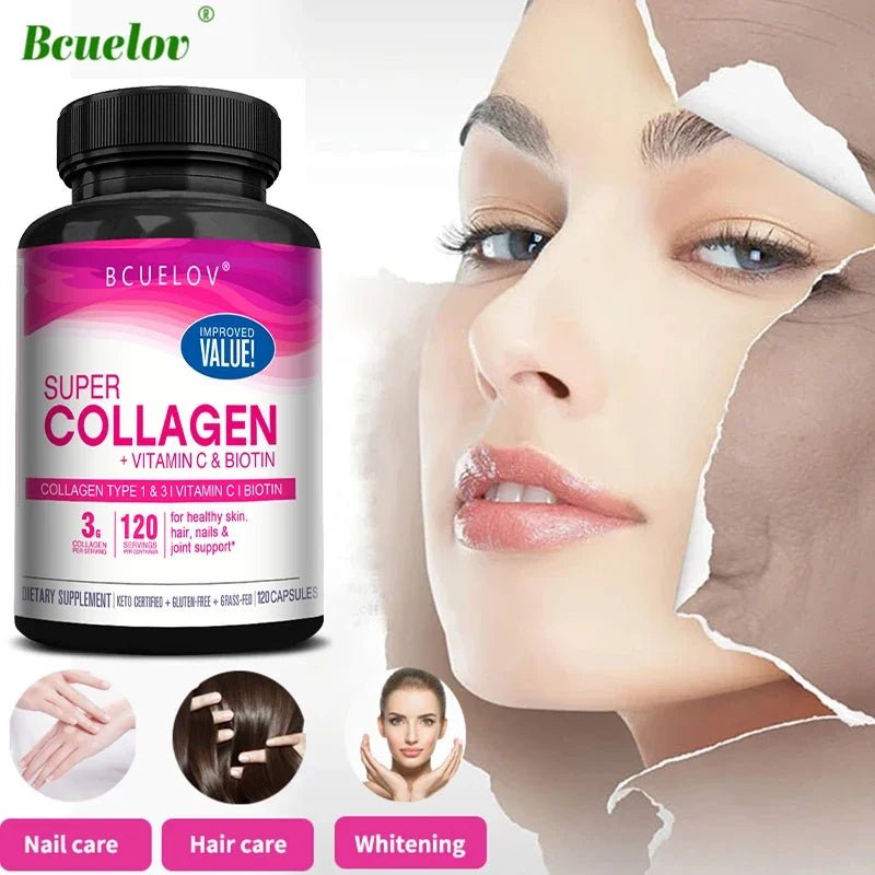 Collagen + Vitamin C plus Biotin, Anti - Aging Support, Antioxidant, Brightener, Skin, Hair & Nails Supplement, 120 Capsules - RELUX.STORE
