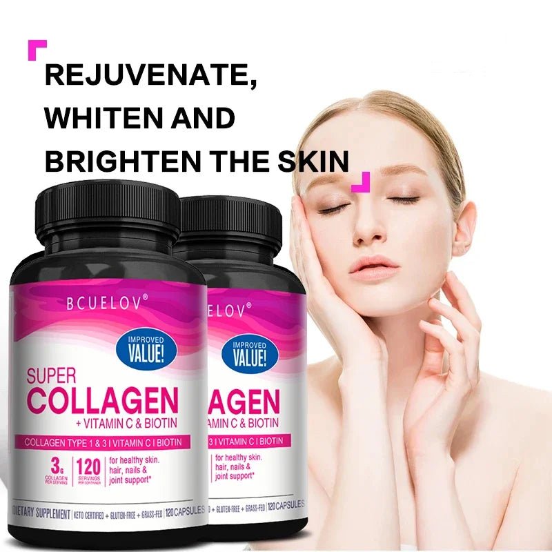 Collagen + Vitamin C plus Biotin, Anti - Aging Support, Antioxidant, Brightener, Skin, Hair & Nails Supplement, 120 Capsules - RELUX.STORE