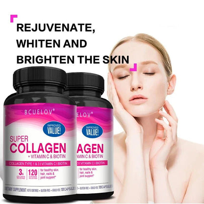 Collagen + Vitamin C plus Biotin, Anti - Aging Support, Antioxidant, Brightener, Skin, Hair & Nails Supplement, 120 Capsules - RELUX.STORE