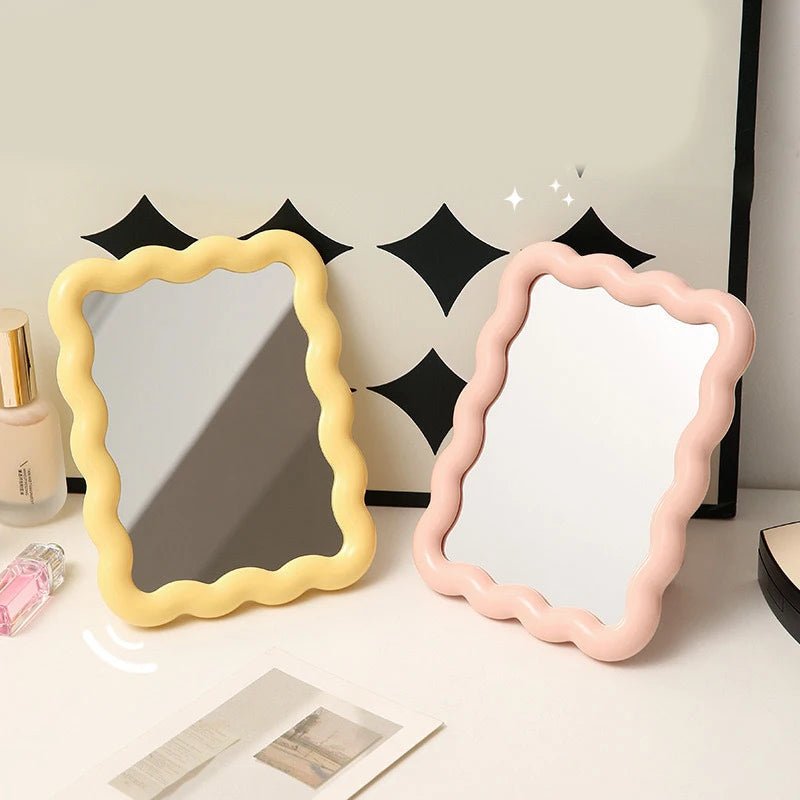 Corrugated Desktop Makeup Mirror Solid Color Simple Portable Handheld Makeup Mirror Foldable Student Compact Cute Mirror - RELUX.STORE