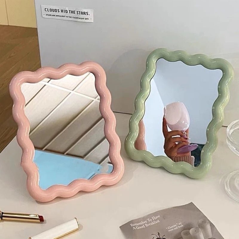 Corrugated Desktop Makeup Mirror Solid Color Simple Portable Handheld Makeup Mirror Foldable Student Compact Cute Mirror - RELUX.STORE