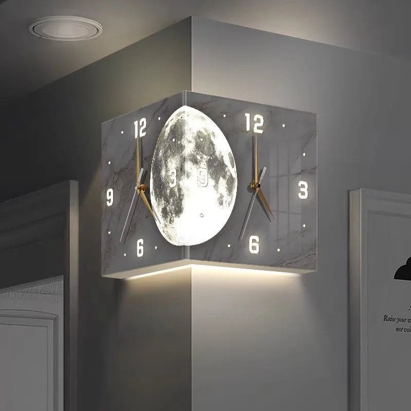 Creative Double - Sided Living Room Wall Clocks Silent Running Acrylic Moon - Light Emitting Backlit Display With Needle Drill - Free - RELUX.STORE