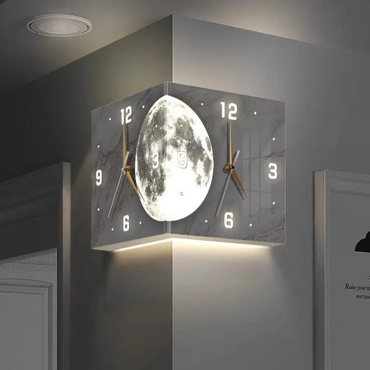 Creative Double - Sided Living Room Wall Clocks Silent Running Acrylic Moon - Light Emitting Backlit Display With Needle Drill - Free - RELUX.STORE