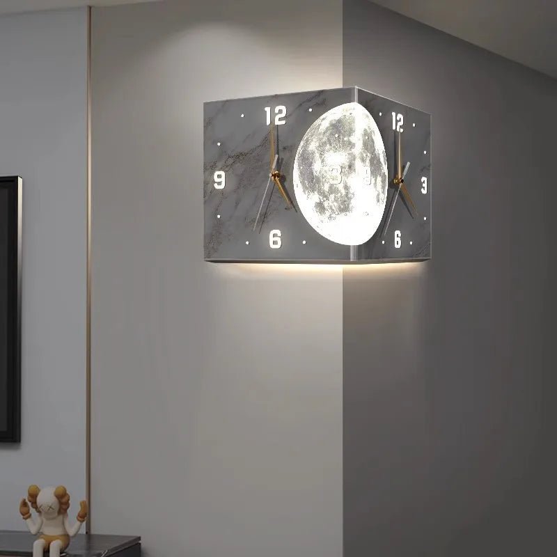 Creative Double - Sided Living Room Wall Clocks Silent Running Acrylic Moon - Light Emitting Backlit Display With Needle Drill - Free - RELUX.STORE
