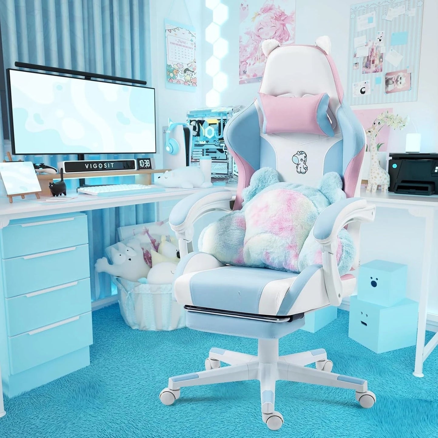 "Cute Gaming Chair with Lumbar Cushion & Decorative Ears – Ergonomic Reclining PC Game Chair with Footrest" - RELUX.STORE