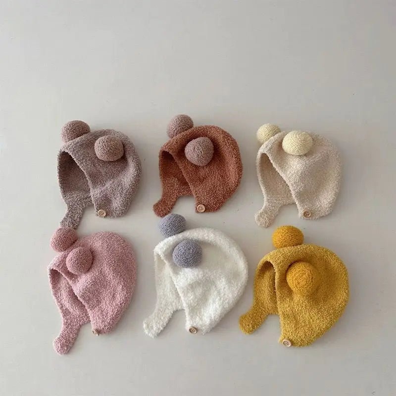 Cute Winter Warm Kids Girl Boys Baby Hats Fleece Wool Hemming Caps with Ball Solid Wool Ear Protection Hats Soft Newborn Bonnet - RELUX.STORECute Winter Warm Kids Girl Boys Baby Hats Fleece Wool Hemming Caps with Ball Solid Wool Ear Protection Hats Soft Newborn Bonnet