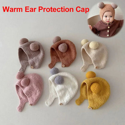 Cute Winter Warm Kids Girl Boys Baby Hats Fleece Wool Hemming Caps with Ball Solid Wool Ear Protection Hats Soft Newborn Bonnet - RELUX.STORECute Winter Warm Kids Girl Boys Baby Hats Fleece Wool Hemming Caps with Ball Solid Wool Ear Protection Hats Soft Newborn Bonnet