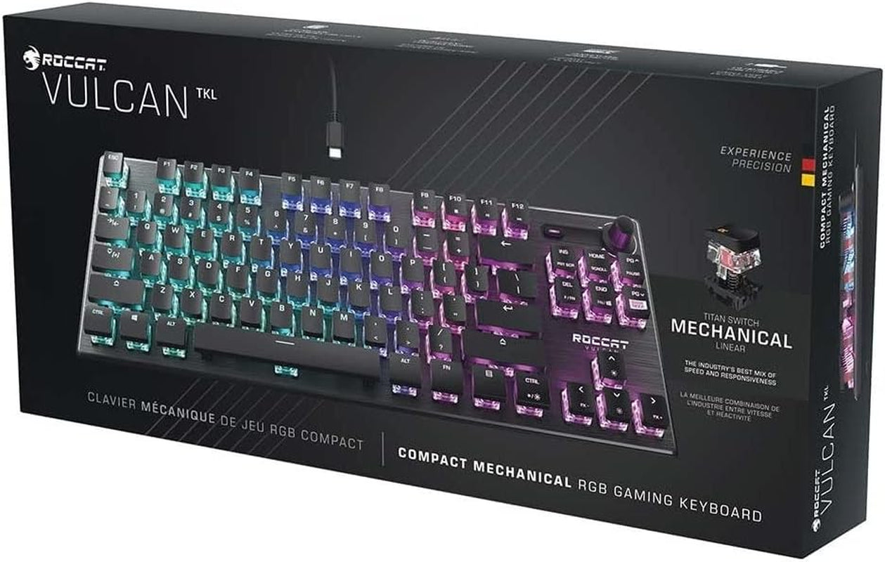 Vulcan TKL Mechanical PC Tactile Gaming Keyboard, Compact, Tenkeyless, Titan Switch Optical, RGB AIMO Lighting, Anodized Aluminum Top Plate, Detachable USB-C Cable, Low Profile Design, Black