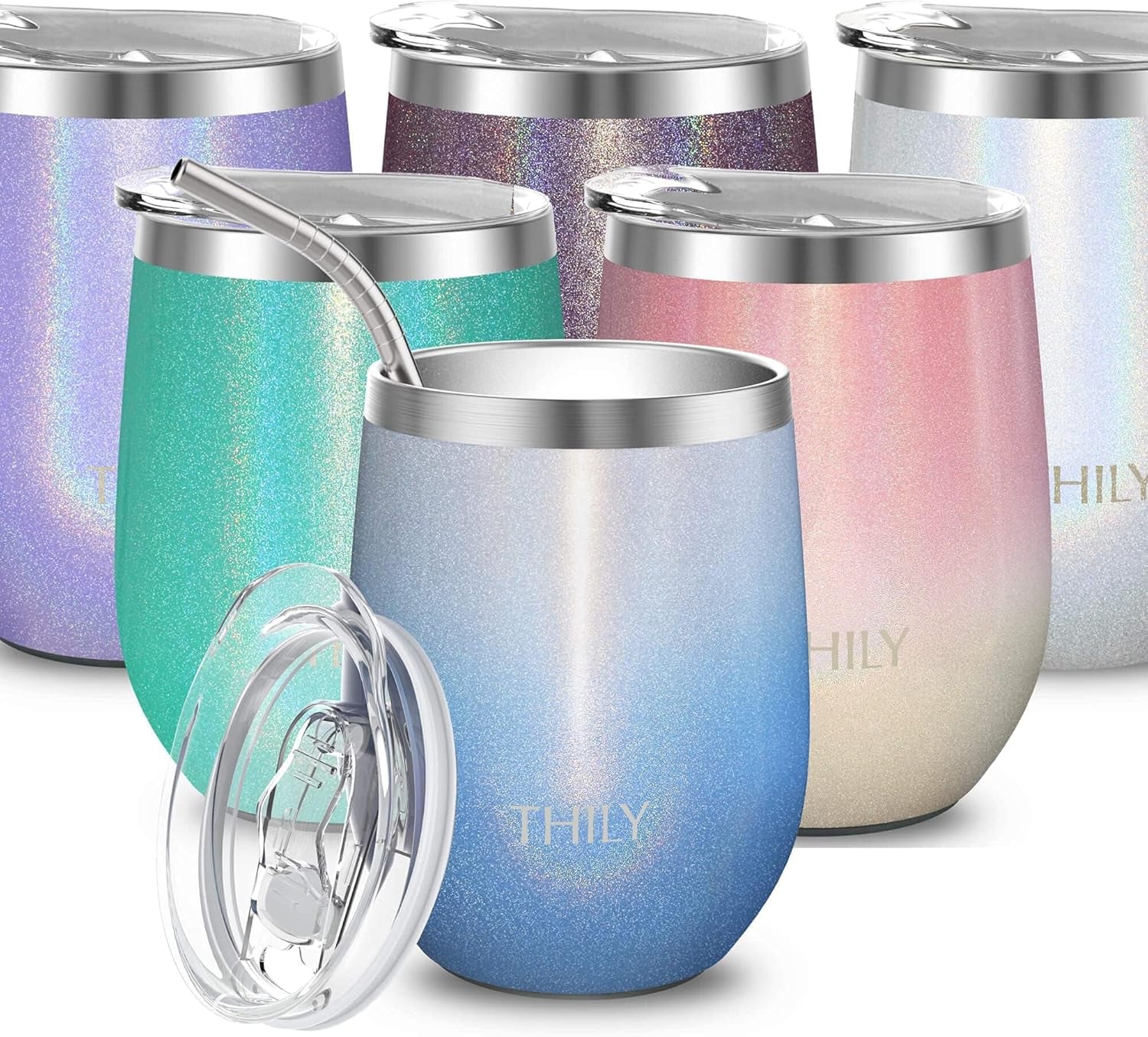 12Oz Insulated Stainless Steel Wine Tumbler with Sliding Lid & Straw - Stemless Travel Cup for Coffee, Cocktails, Beer - Cold Drinks - Glitter White