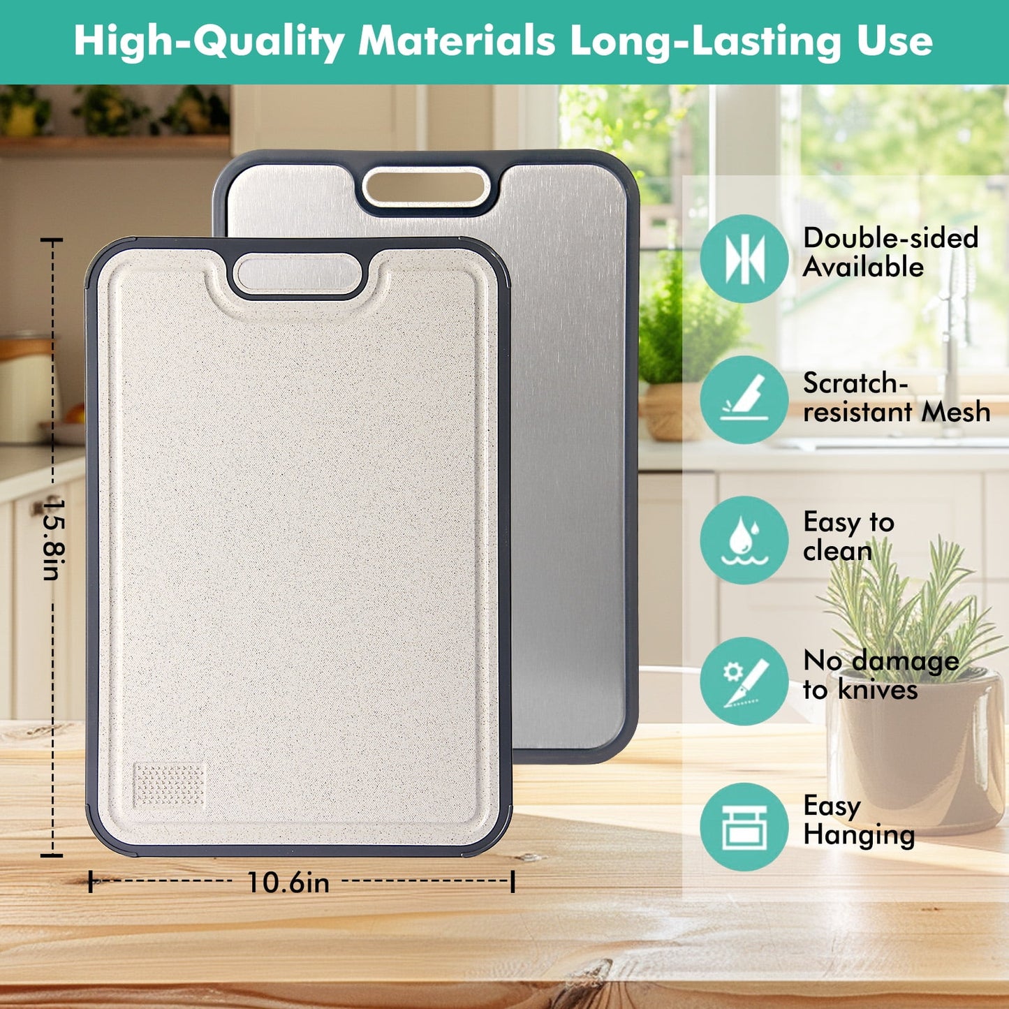 Premium Titanium Cutting Board for Kitchen – Extra Large 16”×11” Double-Sided Chopping Board | Food-Grade Pure Titanium & Wheat Straw PP | Durable, Dishwasher Safe, Easy to Clean