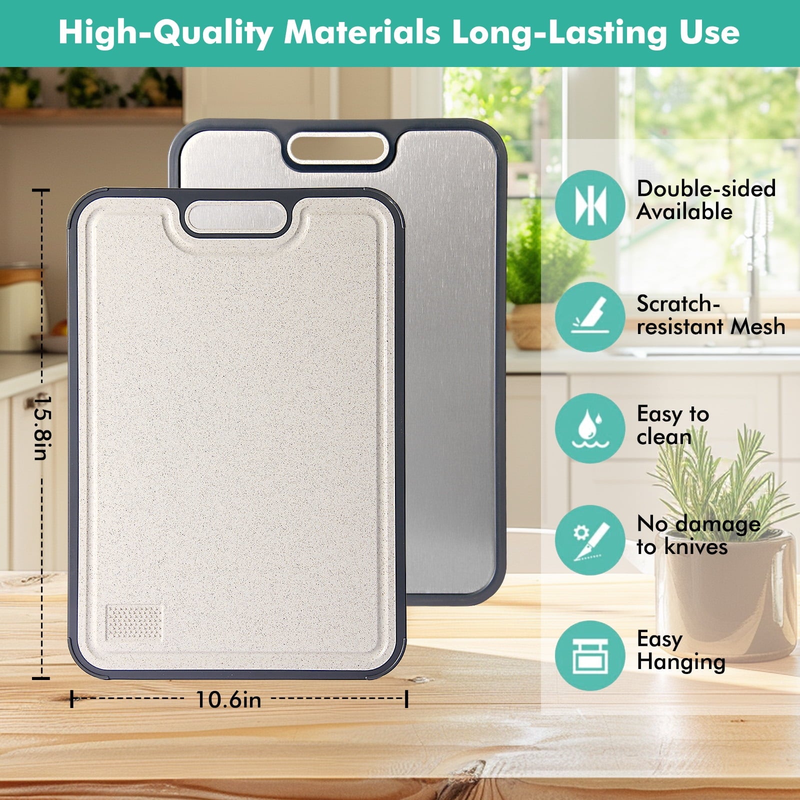 Premium Titanium Cutting Board for Kitchen – Extra Large 16”×11” Double-Sided Chopping Board | Food-Grade Pure Titanium & Wheat Straw PP | Durable, Dishwasher Safe, Easy to Clean