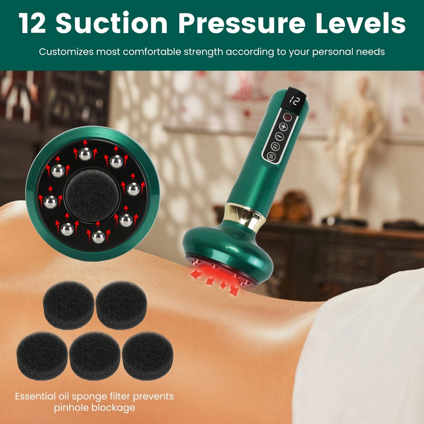 1Pc Anti Cellulite Massager Handheld Vacuum Suction Cupping Kit Beauty Tool With 12 Suction Mode 12 Heating 20Mins Auto-Off One-Key Pressure Release For Abdomen Thighs Buttocks Neck