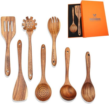 Teak Wooden Spoons for Cooking - 8Pcs Kitchen Utensils Set with Spatulas