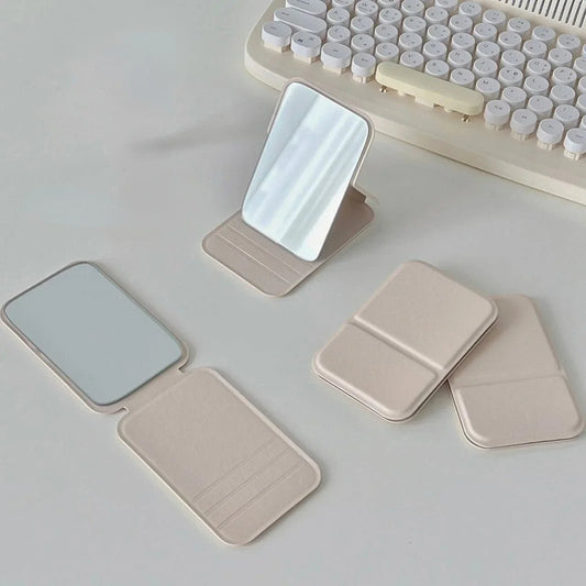 Desktop Makeup Mirror Solid Color PU Leather Simple Portable Handheld Makeup Mirror Foldable Student Compact Cute Pocket Mirror - RELUX.STORE