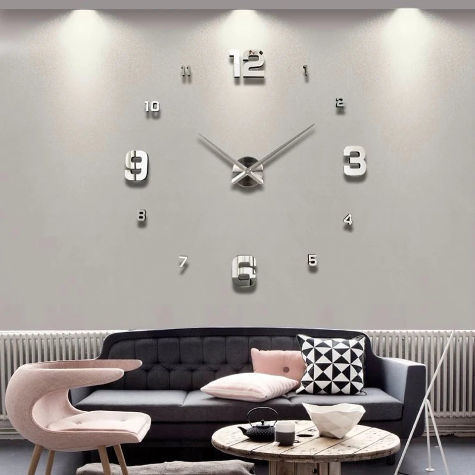 “DIY 3D Acrylic Mirror Wall Clock – Large Decorative Quartz Sticker Clock for Living Room | Customizable Logo, Single - Face Modern Design” - RELUX.STORE