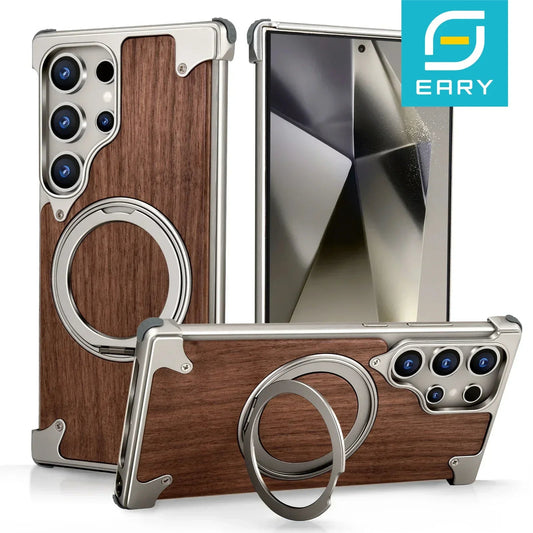 Eary Solid Wood Phone Case for Samsung Galaxy S25/S24 Ultra – Magsafe Compatible, 360° Rotation Kickstand, Frameless Protective Shell - RELUX.STORE
