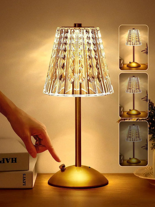 Crystal Table Lamp – Dimmable Touch Control LED Lamp with 3 Color Modes | Rechargeable Cordless Diamond Lamp for Bedroom, Living Room, Bedside, Hotel & Bar (Gold)