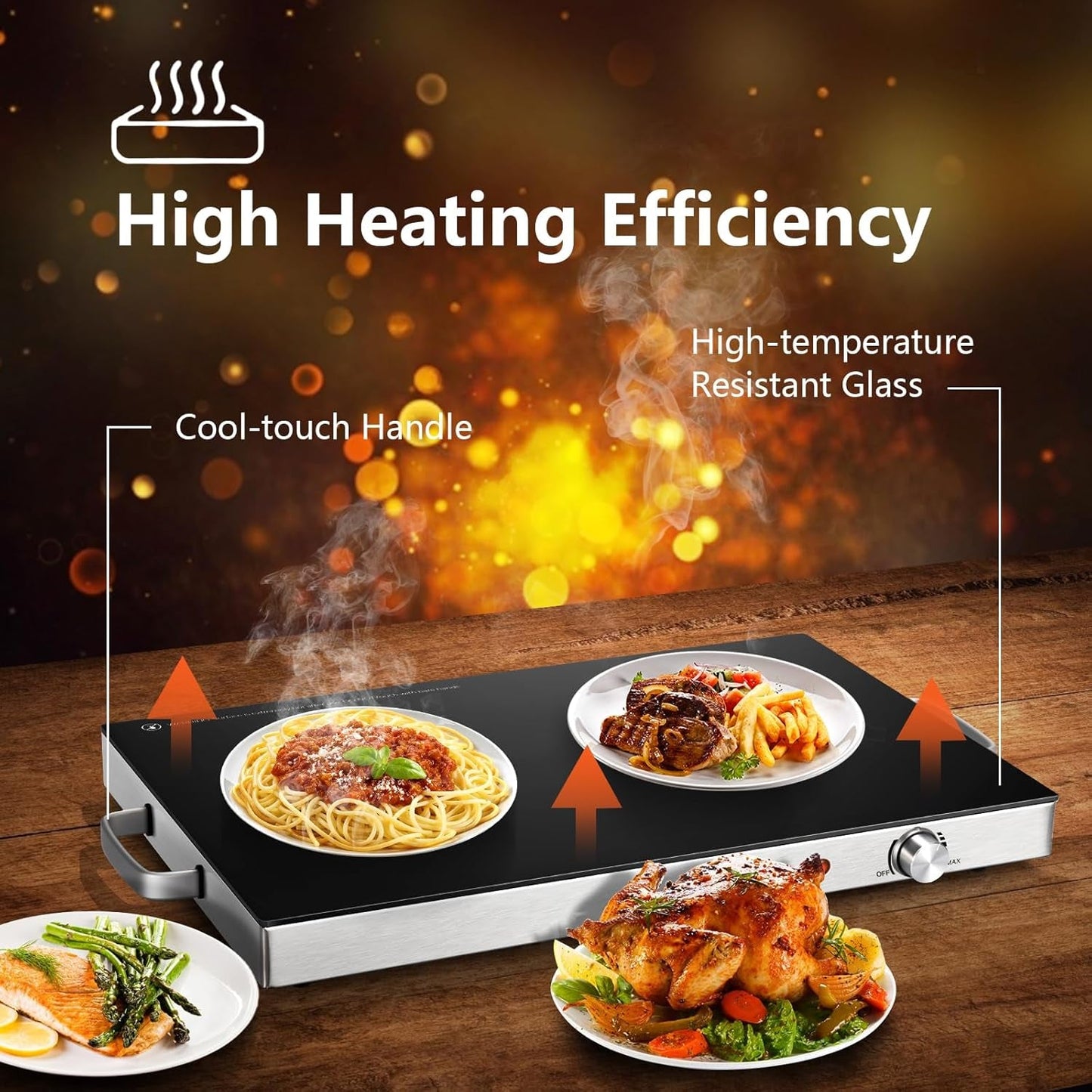 Electric Food Warmer 2 Packs, 22''X15'' Food Warmers for Parties, Adjustable Temperature Control, Tempered Glass Surface, Hot Plate for Buffet, Electric Warming Tray for Restaurants, Events - RELUX.STORE