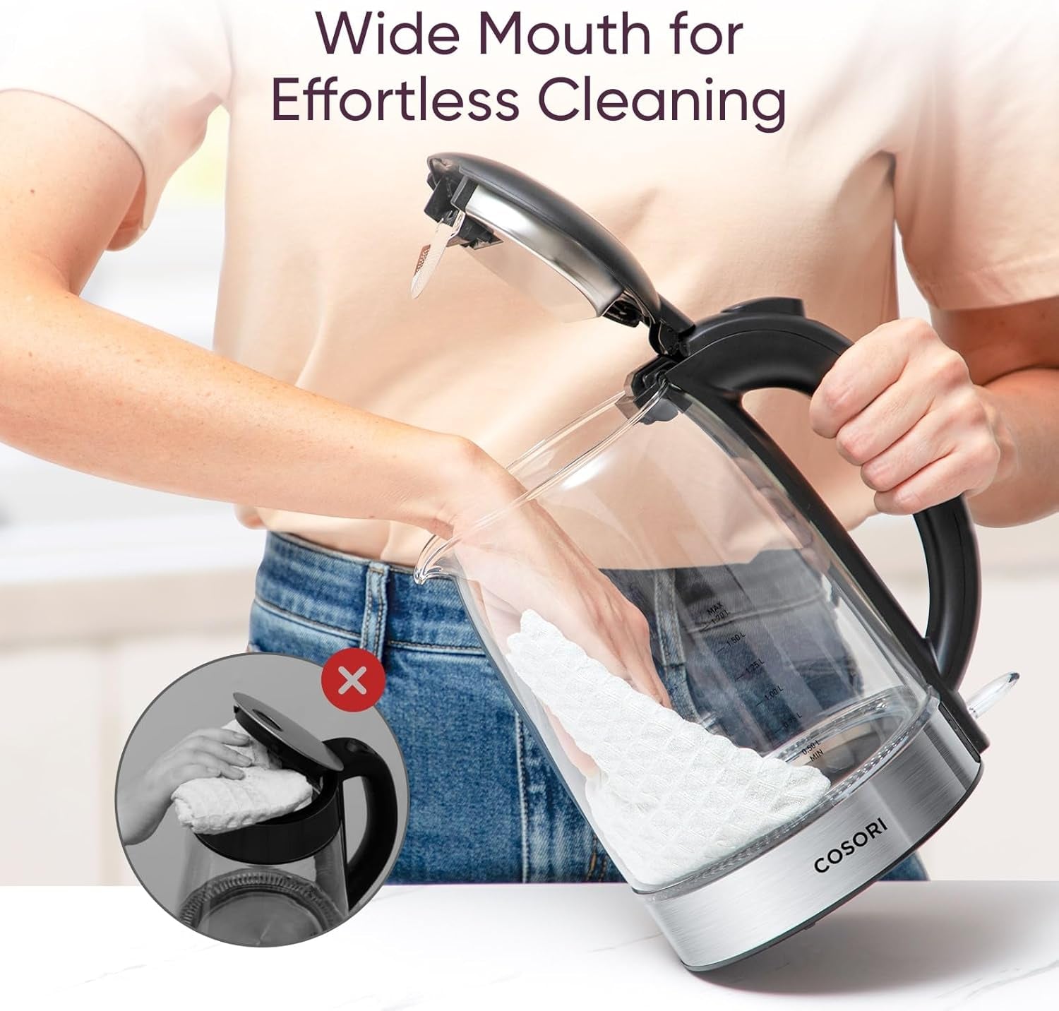 Electric Kettle, No Plastic Filter & Spout, 1.7L Tea Kettle & Hot Water Boiler for Coffee & Tea, Water Heater & Teapot, Automatic Shut Off, Borosilicate Glass, Black, 1500W - RELUX.STORE