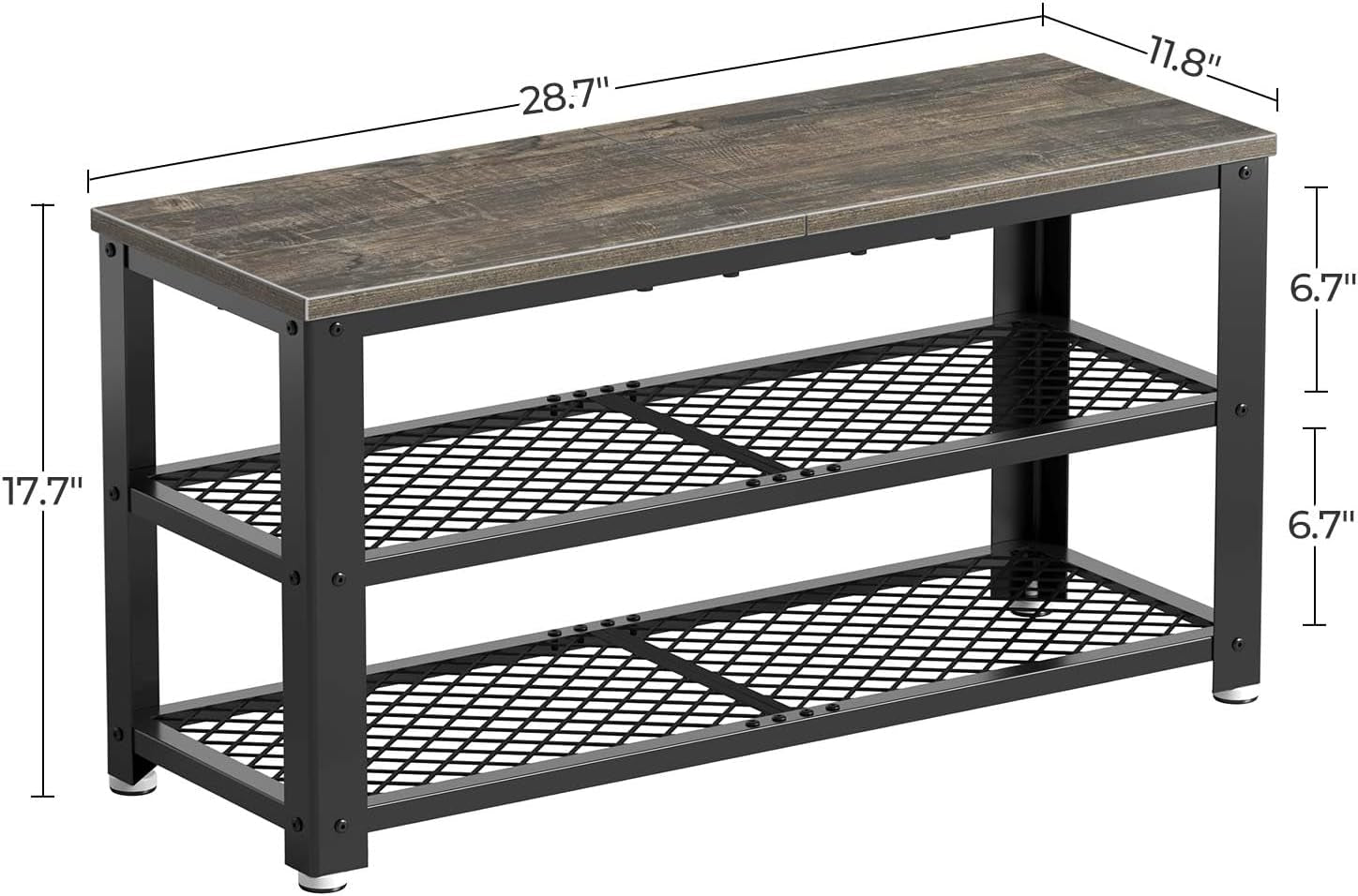 Shoe Bench, 3-Tier Shoe Rack, 28.7” Storage Entry Bench with Mesh Shelves Wood Seat, Rustic Foyer Bench for Hallway Front Door, Doorway, Living Room, Mudroom, Steel Frame, Gray