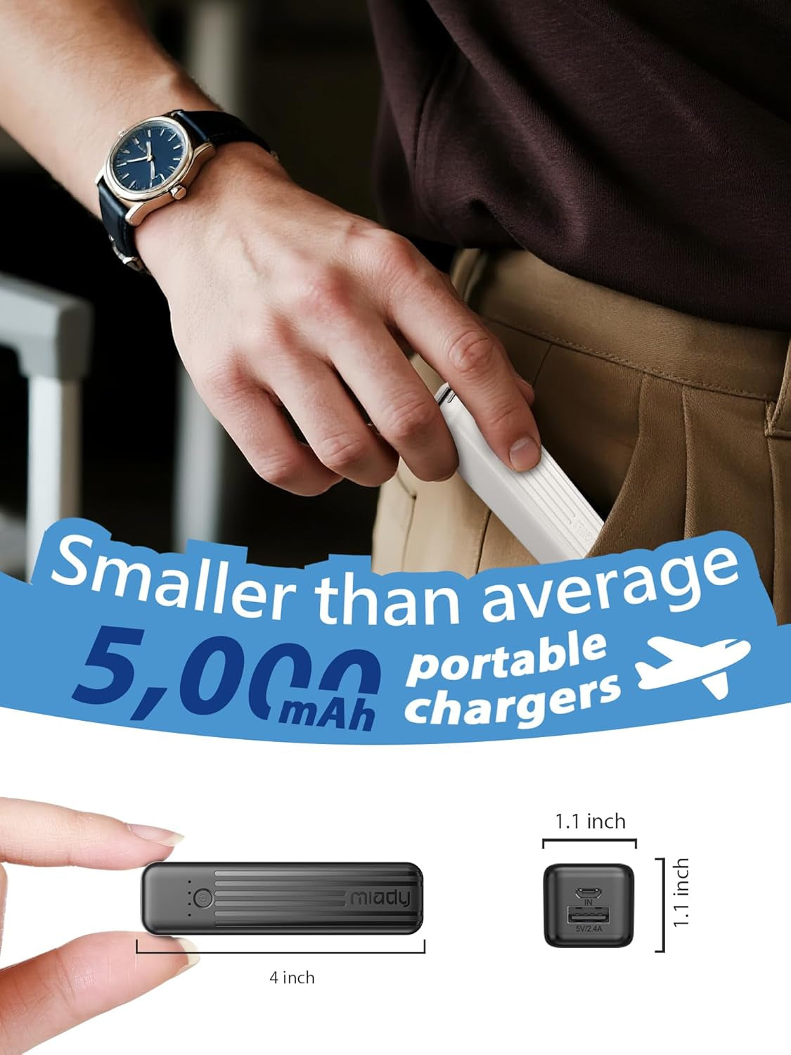 2-Pack Portable Mini Power Bank – 5000mAh Lightweight Charger, 5V/2.4A Output & 5V/2A Input | Compact USB Battery Pack for iPhone, Samsung Galaxy & Android Devices