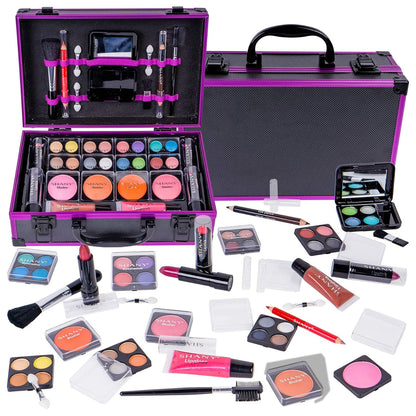 Carry All Make up Train Case with Pro Makeup Set, Beauty Brushes, Lipsticks, Eye Shadows, Blushes, Powders, and More - Reusable Cosmetics Storage Organizer - Premium Gift Packaging - Pink