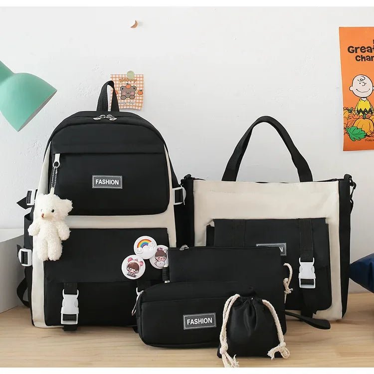 Five - Piece Set Large Capacity Fashionable Double Shoulder Backpack for Junior And High School Girls Primary School Students - RELUX.STORE