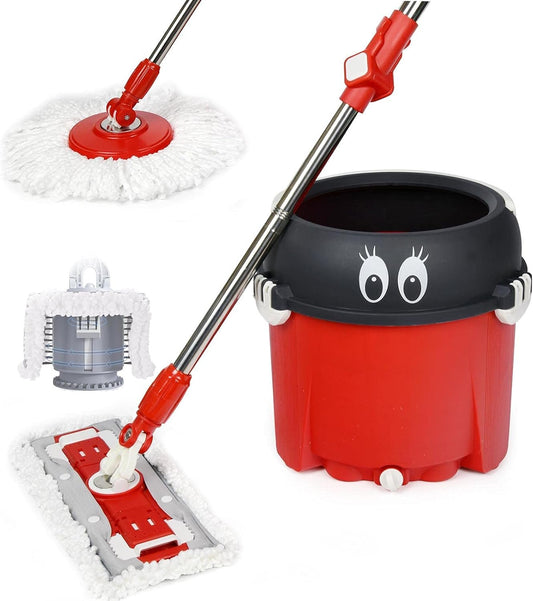 Floor Mop and Bucket Set, 2 in 1 Spinning Mop for Cleaning, Square and round Mop Head for Hardwood, Laminate, Tile, Hands Free Mop with Washable Microfiber Pad, Single Bucket for Wet & Dry - RELUX.STORE