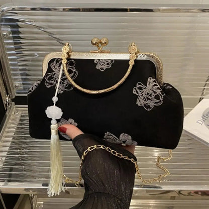 Flower Pattern Chinese Style Handbag Cheongsam Accessories Elegant Hanfu Clutch Bag Single Shoulder with Pendant - RELUX.STORE