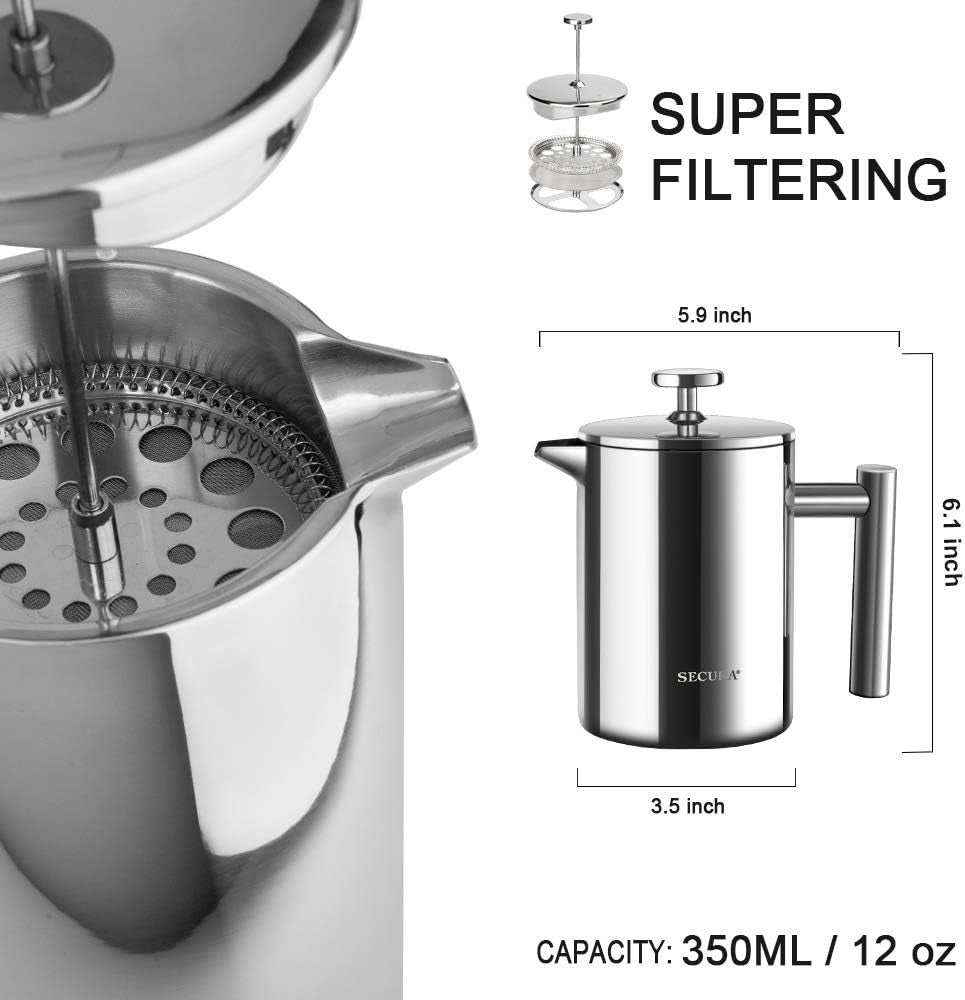 “French Press Coffee Maker – 304 Stainless Steel Insulated Coffee Press with 2 Extra Screens, 12oz (0.35L) Silver – Durable, Easy - to - Clean, Stylish Manual Coffee Brewer” - RELUX.STORE
