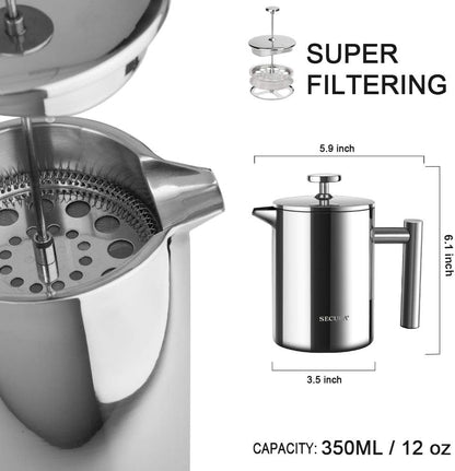 “French Press Coffee Maker – 304 Stainless Steel Insulated Coffee Press with 2 Extra Screens, 12oz (0.35L) Silver – Durable, Easy - to - Clean, Stylish Manual Coffee Brewer” - RELUX.STORE
