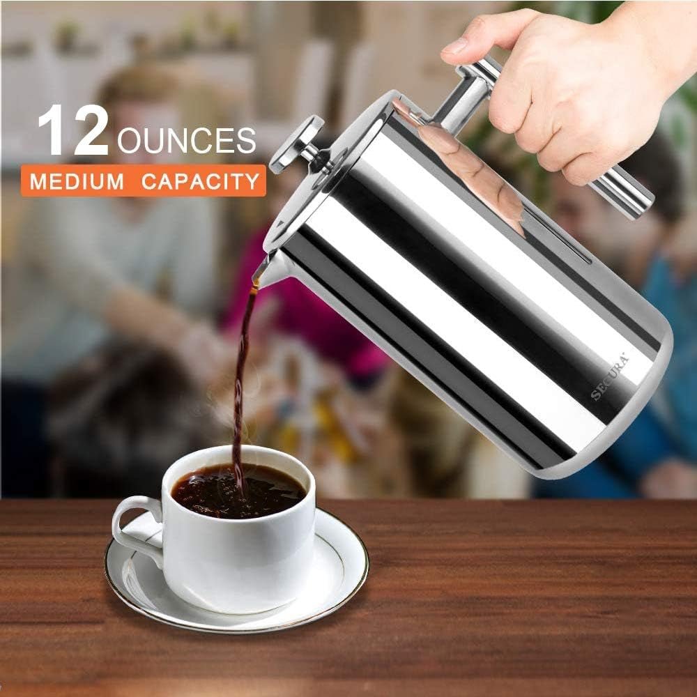 “French Press Coffee Maker – 304 Stainless Steel Insulated Coffee Press with 2 Extra Screens, 12oz (0.35L) Silver – Durable, Easy - to - Clean, Stylish Manual Coffee Brewer” - RELUX.STORE