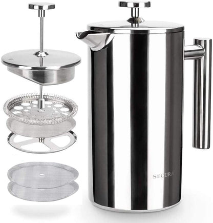 “French Press Coffee Maker – 304 Stainless Steel Insulated Coffee Press with 2 Extra Screens, 12oz (0.35L) Silver – Durable, Easy - to - Clean, Stylish Manual Coffee Brewer” - RELUX.STORE