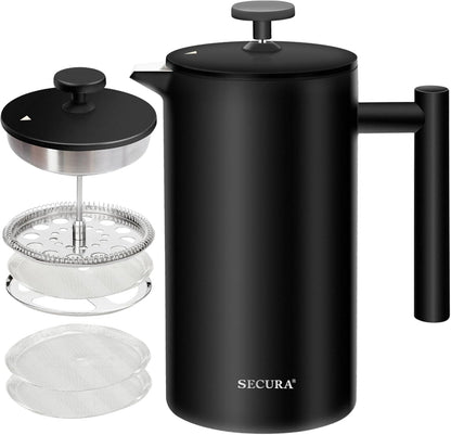 “French Press Coffee Maker – 304 Stainless Steel Insulated Coffee Press with 2 Extra Screens, 12oz (0.35L) Silver – Durable, Easy - to - Clean, Stylish Manual Coffee Brewer” - RELUX.STORE