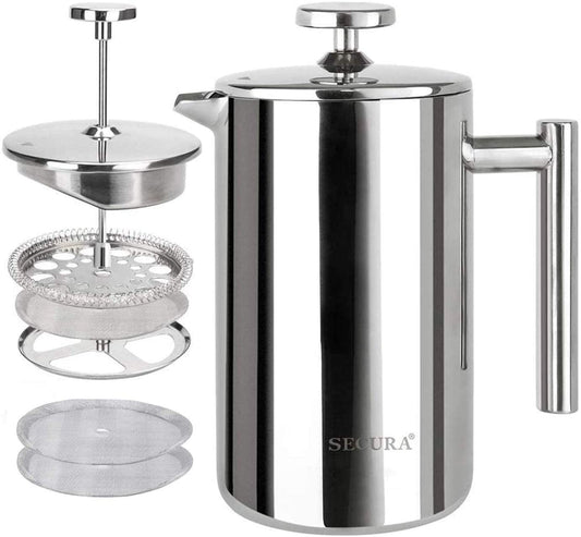 “French Press Coffee Maker – 304 Stainless Steel Insulated Coffee Press with 2 Extra Screens, 12oz (0.35L) Silver – Durable, Easy - to - Clean, Stylish Manual Coffee Brewer” - RELUX.STORE