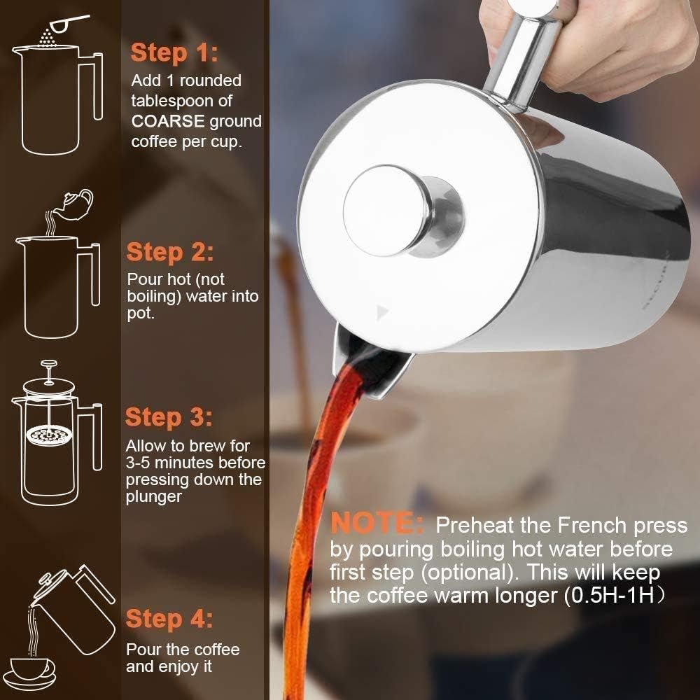“French Press Coffee Maker – 304 Stainless Steel Insulated Coffee Press with 2 Extra Screens, 12oz (0.35L) Silver – Durable, Easy - to - Clean, Stylish Manual Coffee Brewer” - RELUX.STORE