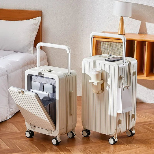 Front Opening Luggage with Laptop Storage Large Capacity Travel Trunk with Cup Holder&USB Charging Port&Wide Handle - RELUX.STOREFront Opening Luggage with Laptop Storage Large Capacity Travel Trunk with Cup Holder&USB Charging Port&Wide Handle