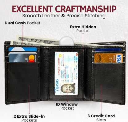 Genuine Nappa Leather Trifold Wallet for Men – RFID Blocking, ID Window, Slim & Stylish Everyday Wallet - RELUX.STORE